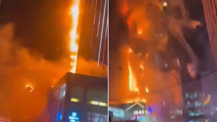 太原高层建筑起火画面曝光，现场不断有燃烧物掉落