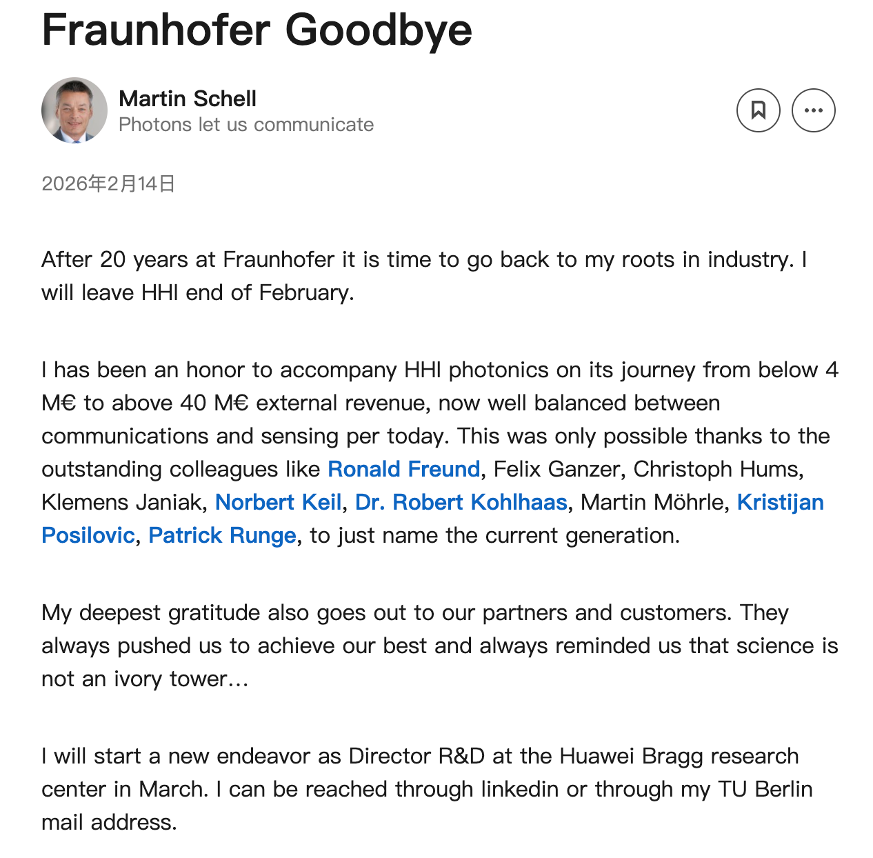 谢尔宣布加盟华为