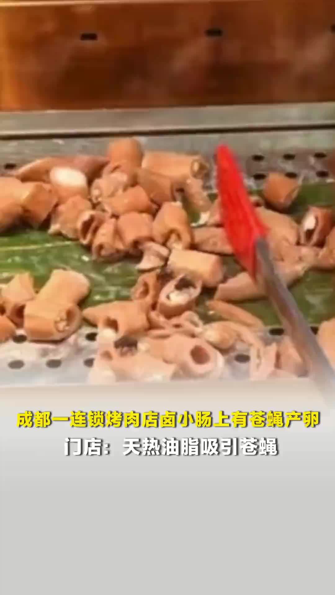 成都一连锁烤肉店卤小肠上有苍蝇产卵，门店：天热油脂吸引苍蝇，已整盘销毁