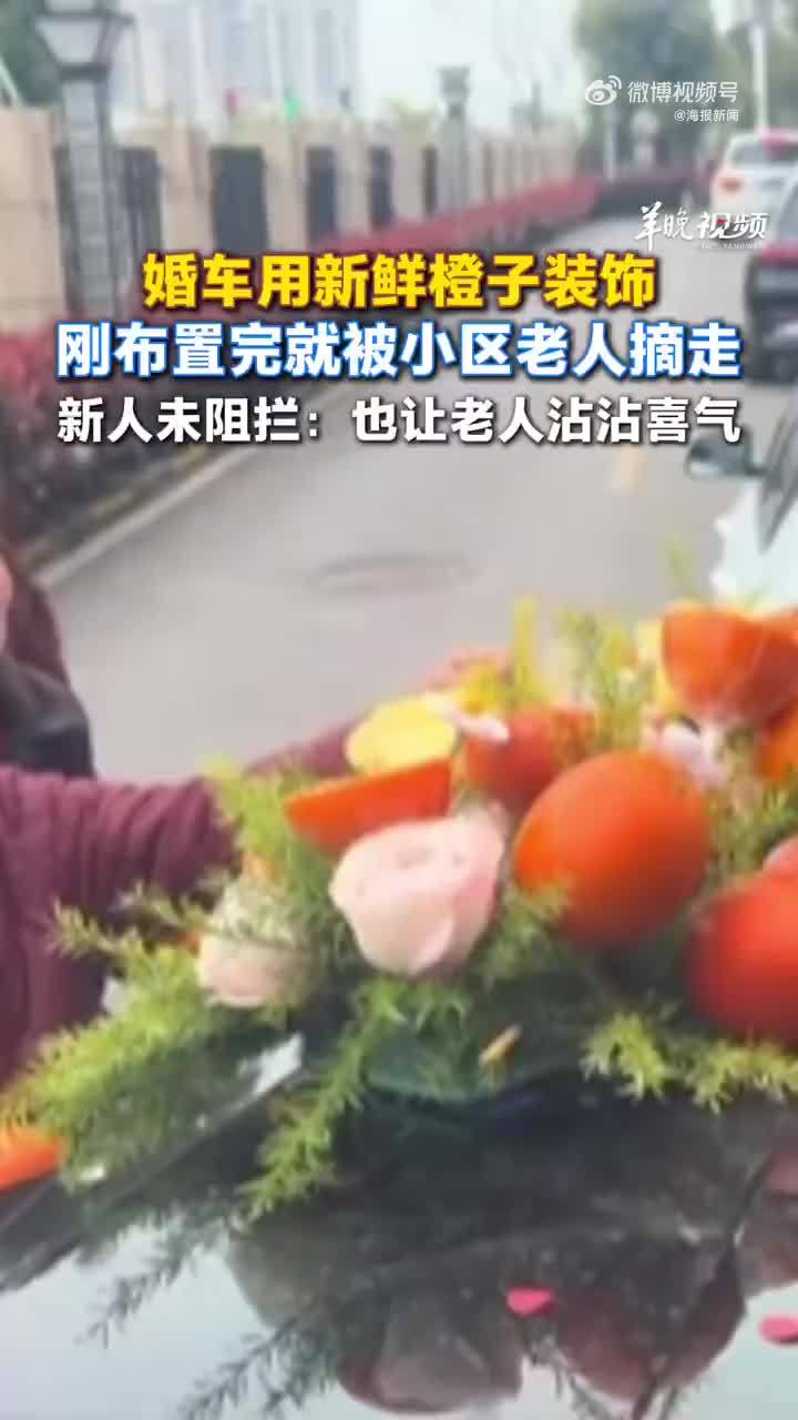 新人用橙子装饰婚车被小区老人全摘走