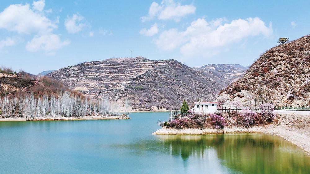 3月28日，陇南市礼县罗坝镇苗河水库春意渐浓，岸边山桃花次第绽放，尽显春日生机与山水之美。新甘肃&middot;甘肃经济日报通讯员　徐瑞　摄