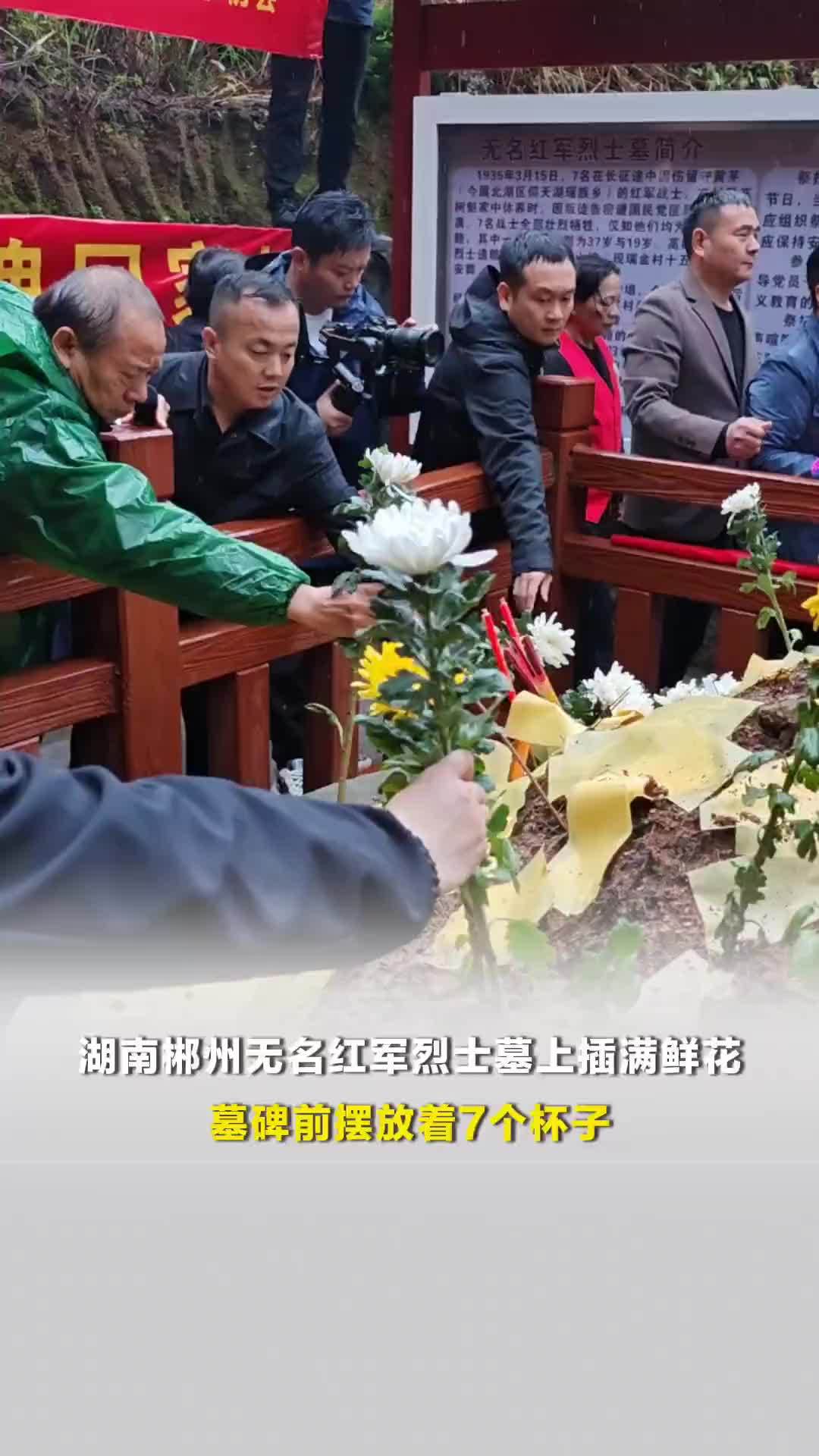 7位江西瑞金籍无名红军烈士长眠于湖南郴州瑞金村，前往祭扫的后人在墓上插满鲜花