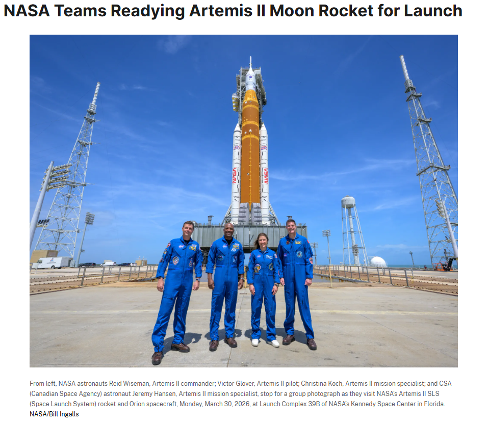 阿尔忒弥斯2号的四名宇航员，从左到右分别是雷德&middot;怀斯曼（Reid Wiseman），维克多&middot;格洛弗（Victor Glover），克里斯蒂娜&middot;科赫（Christina Koch）和杰里米&middot;汉森（Jeremy Hansen） | 图源：NASA