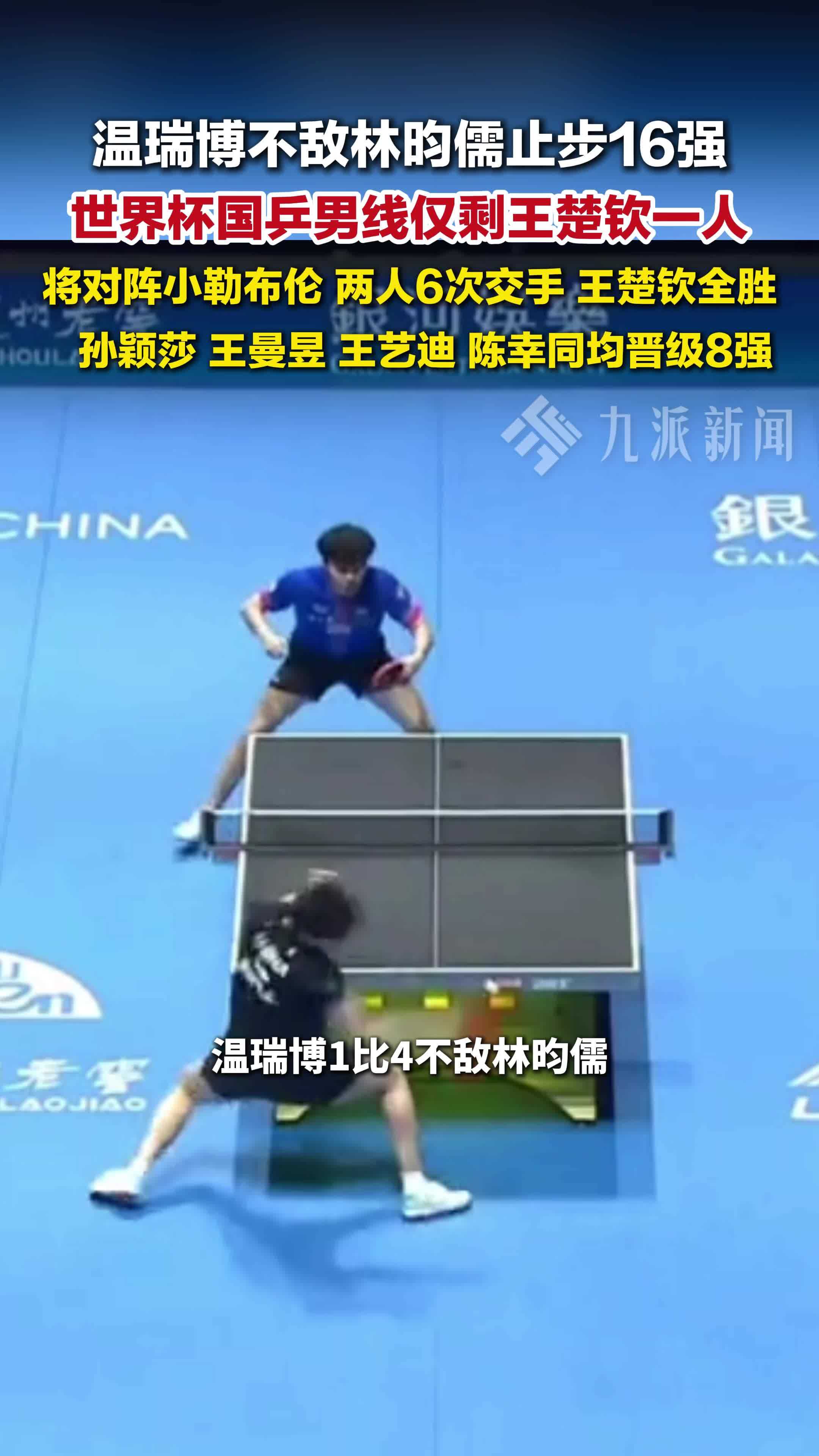 温瑞博不敌林昀儒止步16强，世界杯国乒男线仅剩王楚钦一人