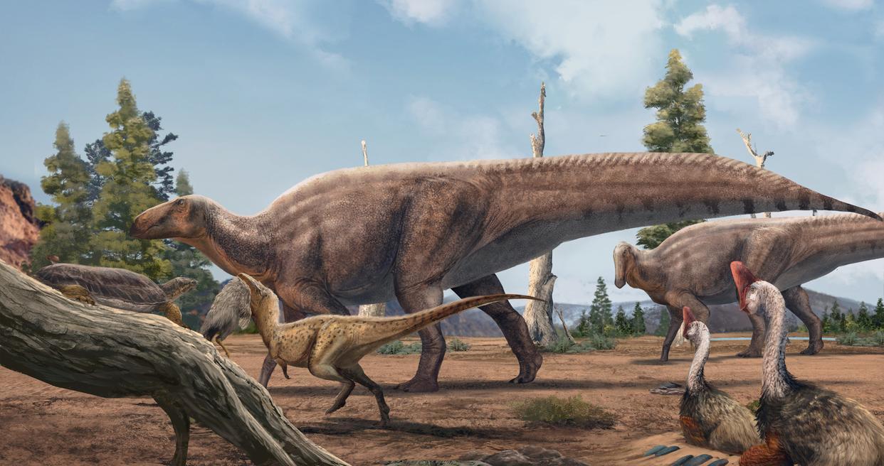 赣州盆地恐龙动物群复原图，中间最大个体为帆尾贡水龙。（王一凡 绘制）