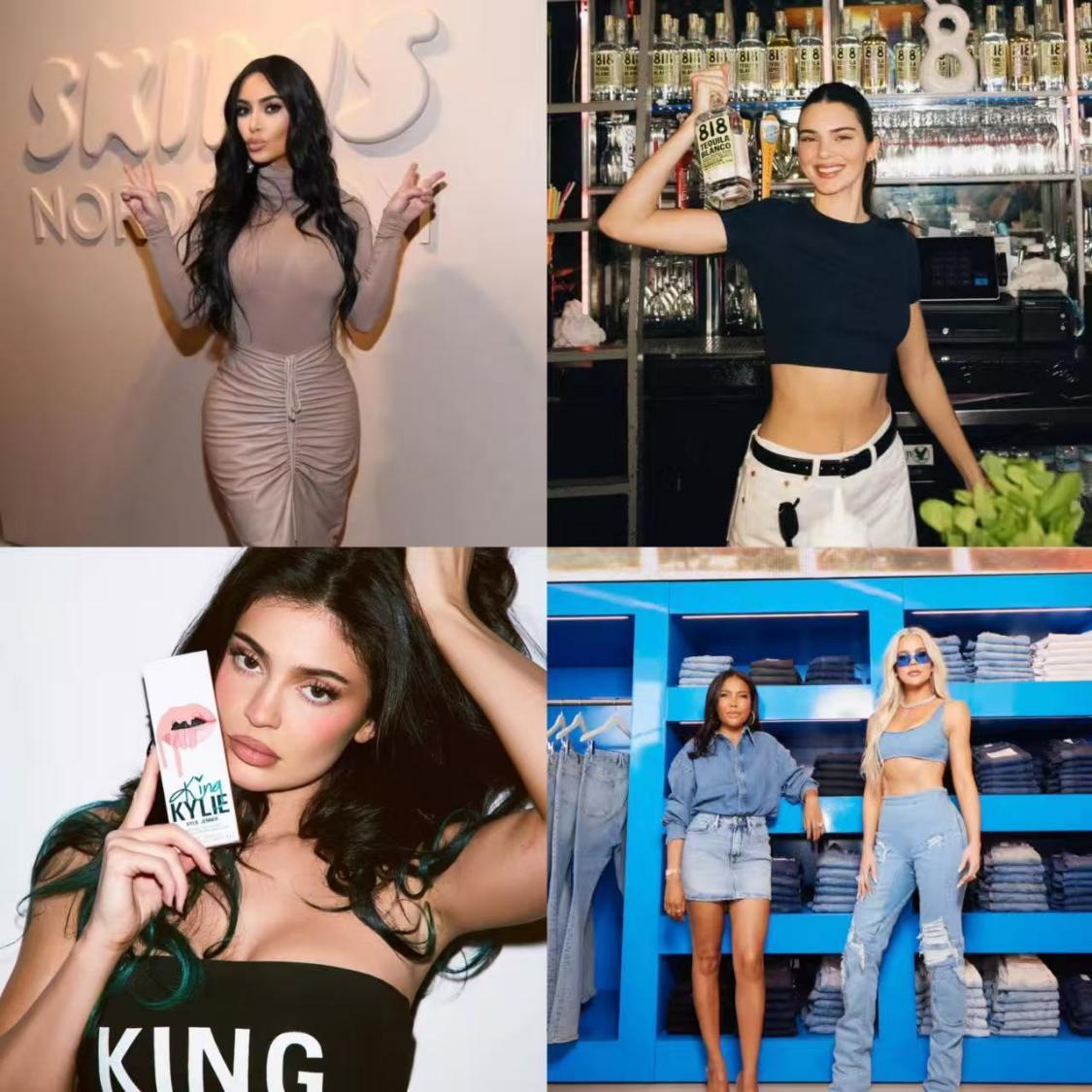 以上分别是:金的塑身衣品牌Skims、肯达尔的龙舌兰酒818 Tequila、科勒的牛仔裤品牌Good American、凯莉的彩妆品牌Kylie Cosmetics。