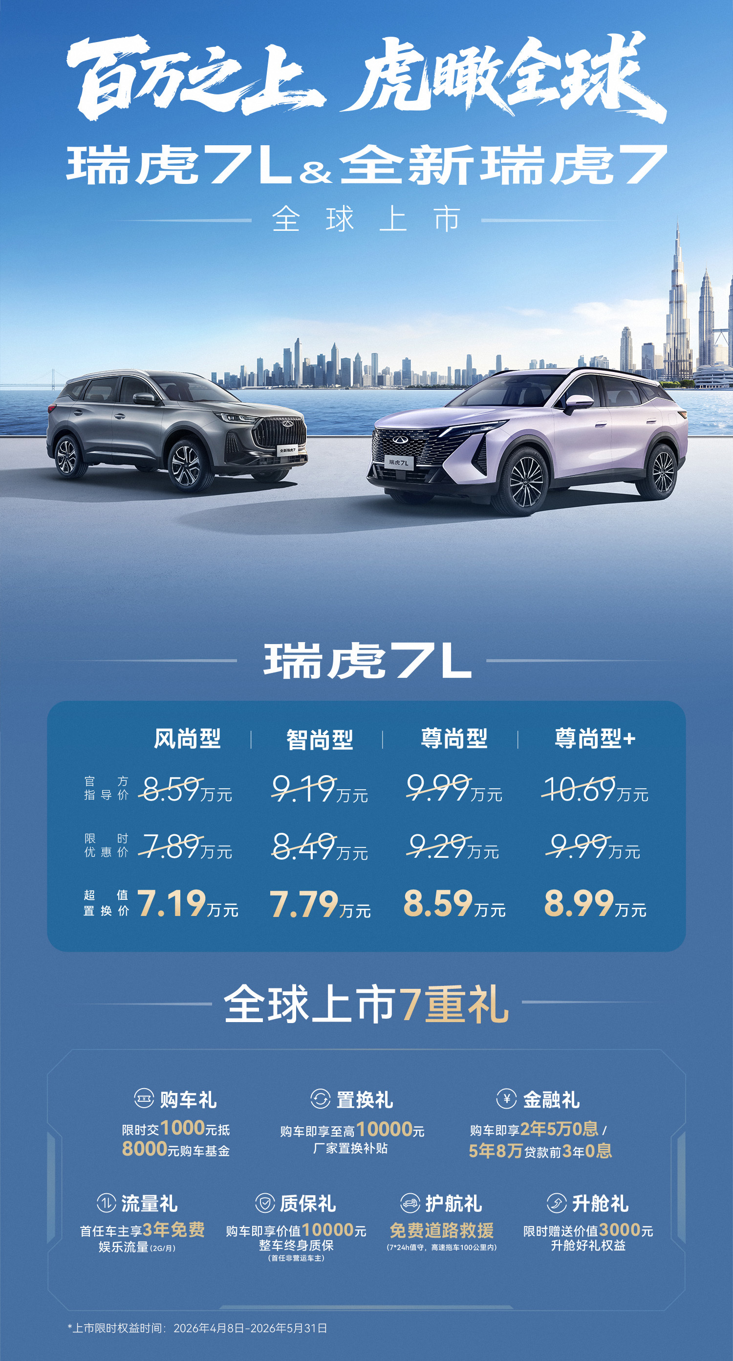 瑞虎7L/全新瑞虎7/瑞虎5运动版全球上市 超值置换价6.79万元起