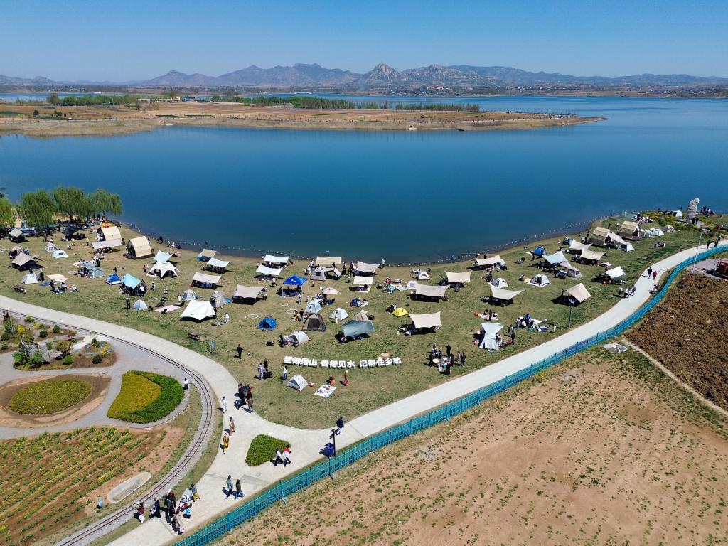 4月4日，游客在山东省滕州市龙阳镇“龙湖月色”省级乡村振兴齐鲁样板片区内露营休闲。新华社记者朱峥 摄