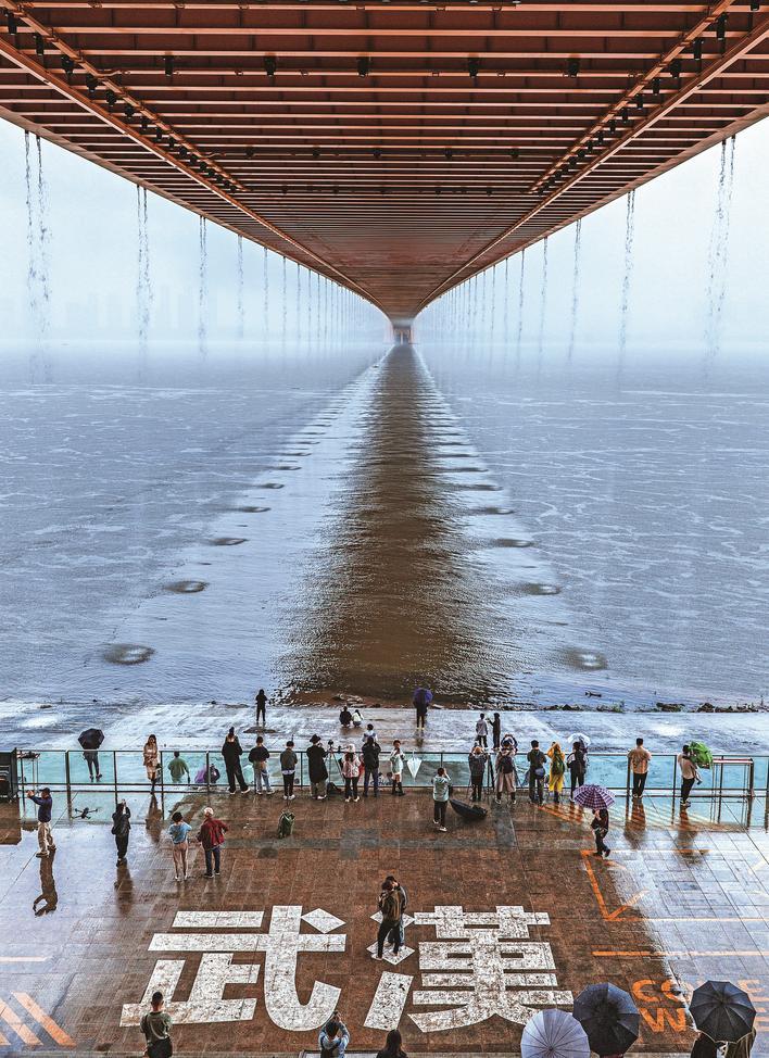 4月9日12时许，一场暴雨袭来，武汉杨泗港长江大桥惊现“雨帘”奇景，汉阳桥头下聚集了大量追“雨帘”的人。楚天都市报极目新闻记者朱熙勇摄