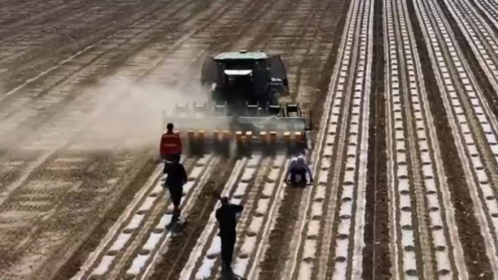 地上的农机参“北斗” 玛纳斯县83万亩棉田播种开足马力