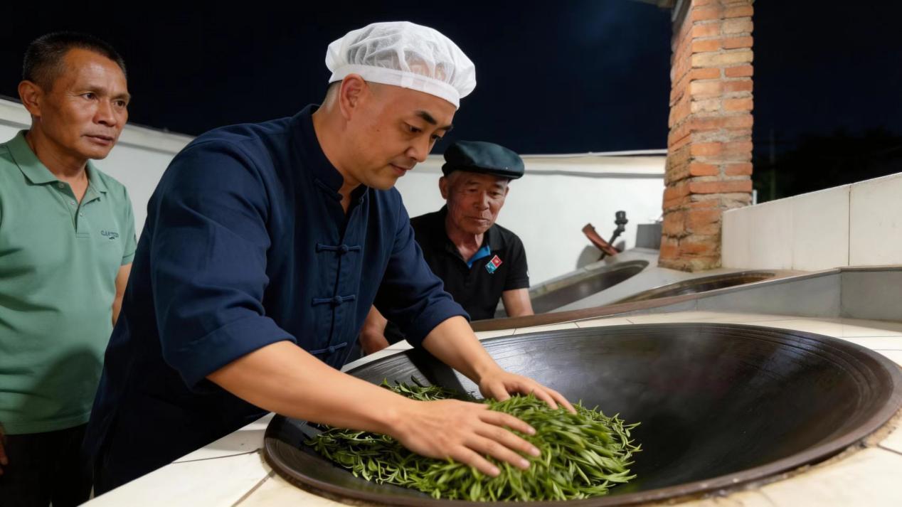 师傅在旁指导胡兆熊炒茶