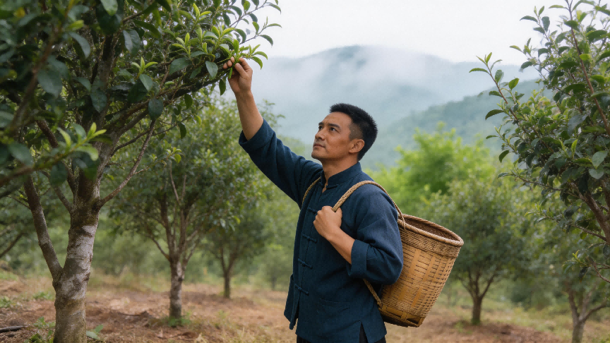 胡兆熊查看茶树生长情况