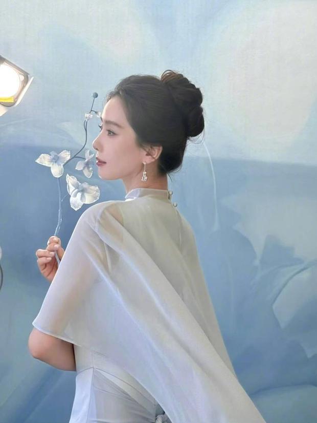 刘诗诗侧立持花，冰蓝轻纱随风轻扬。