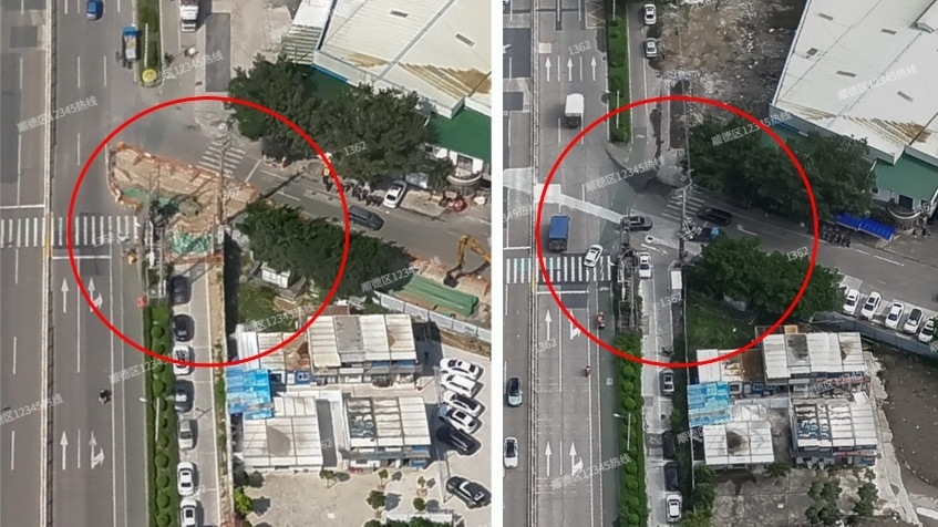 图：通过比较工程围蔽施工前后路面情况，快速确认工单责任主体。