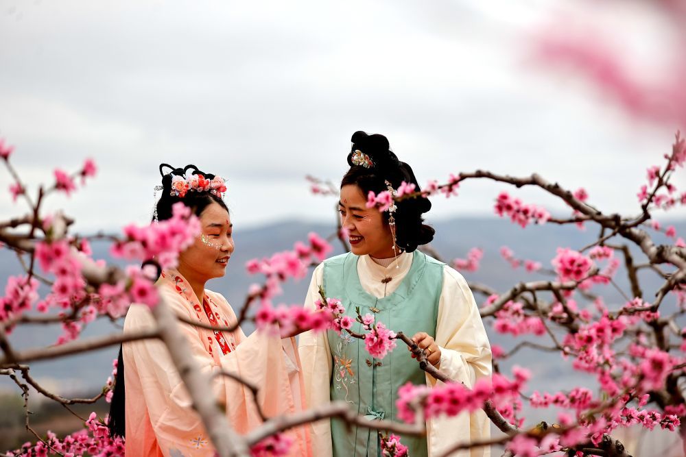 4月8日,游客在万亩桃林中踏青赏花。