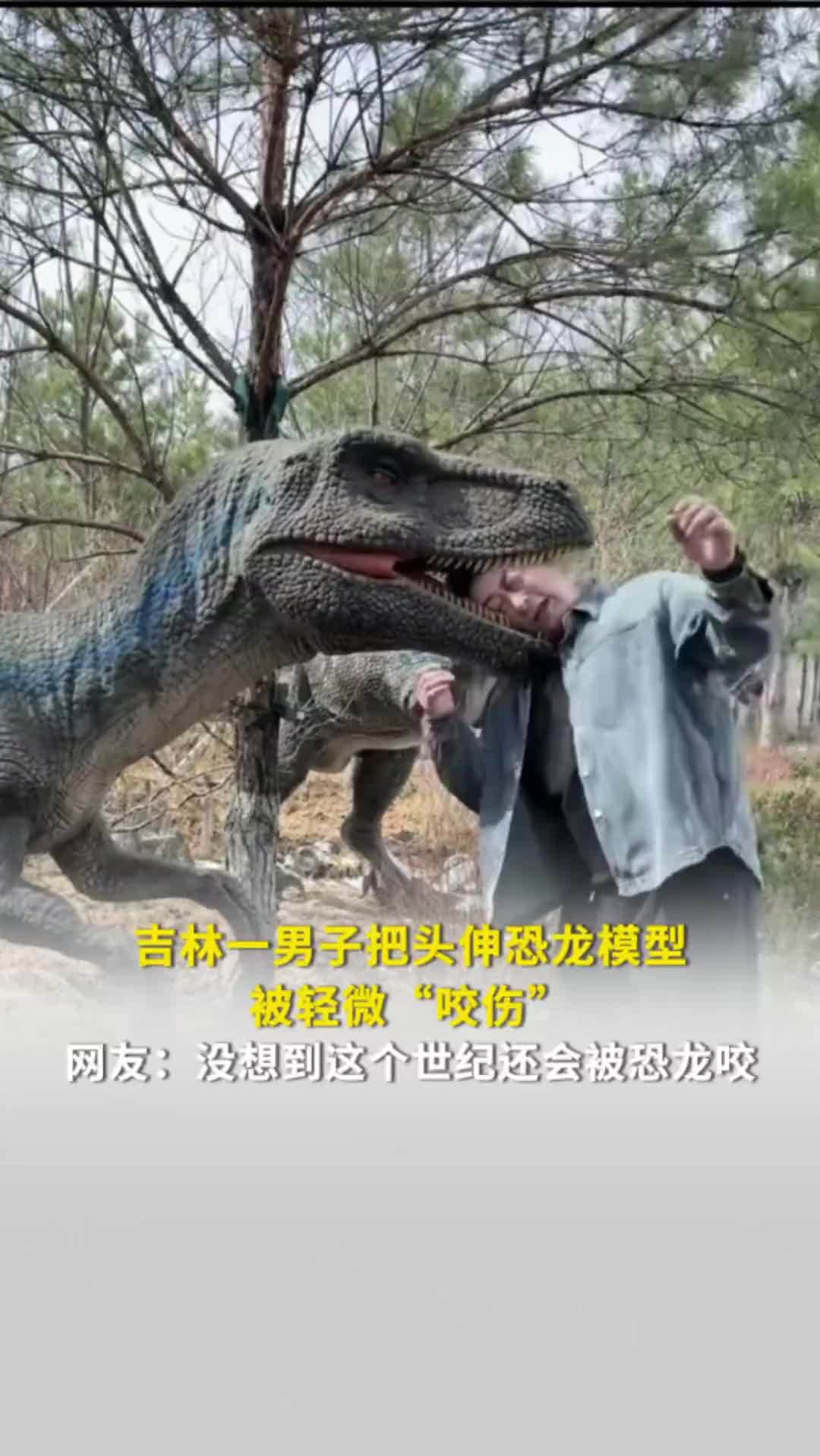 吉林一男子把头伸恐龙模型，被轻微“咬伤”，网友：没想到这个世纪还会被恐龙咬