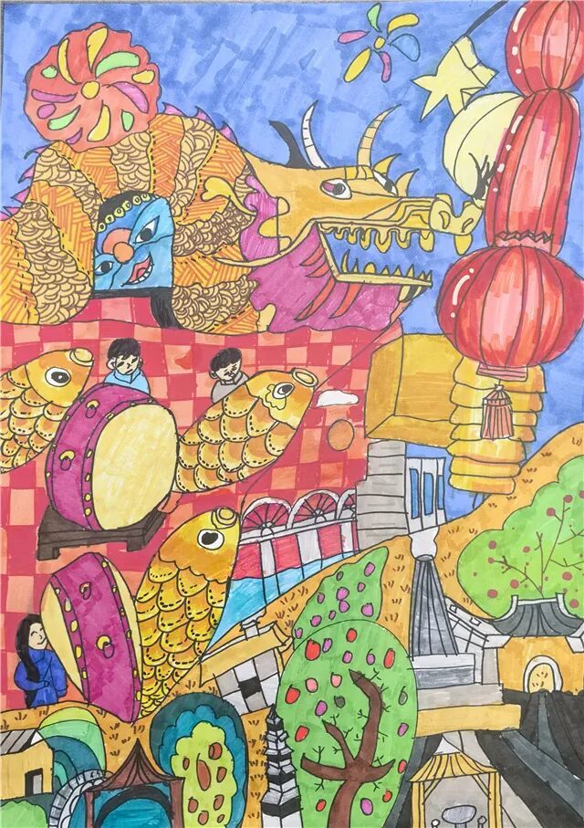 施景明《龙舞春喧锦鲤欢》