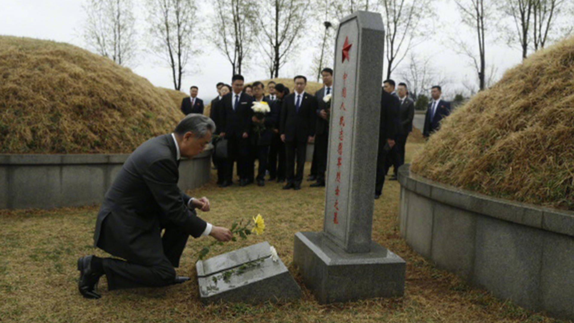 王毅访问朝鲜，专程前往中国人民志愿军烈士陵园祭扫，单膝跪地敬献鲜花