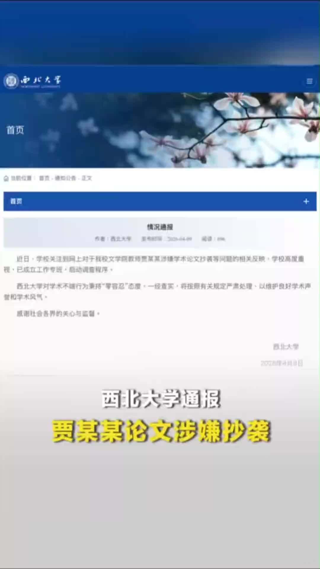 西北大学通报教师贾某某论文涉嫌抄袭：一经查实将严肃处理