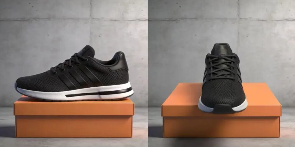 ▲输入图(左)、输出图(右)、指令:Rotate the sneaker to show the front view