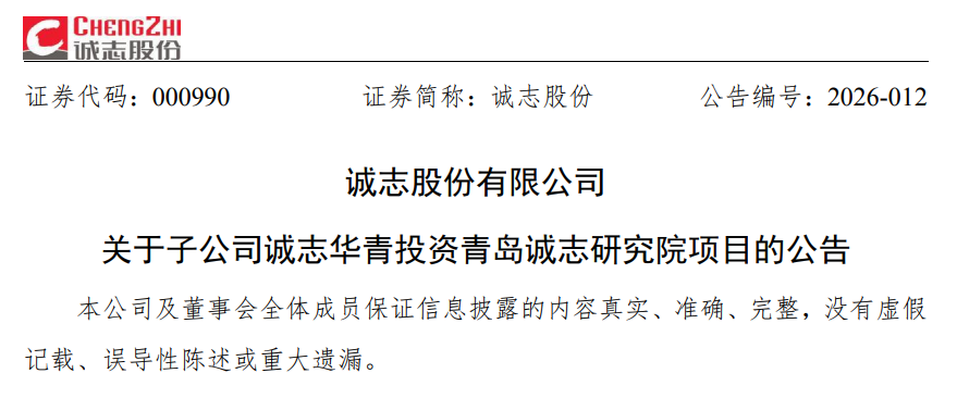 诚志股份：子公司拟6.9亿元投资青岛诚志研究院项目