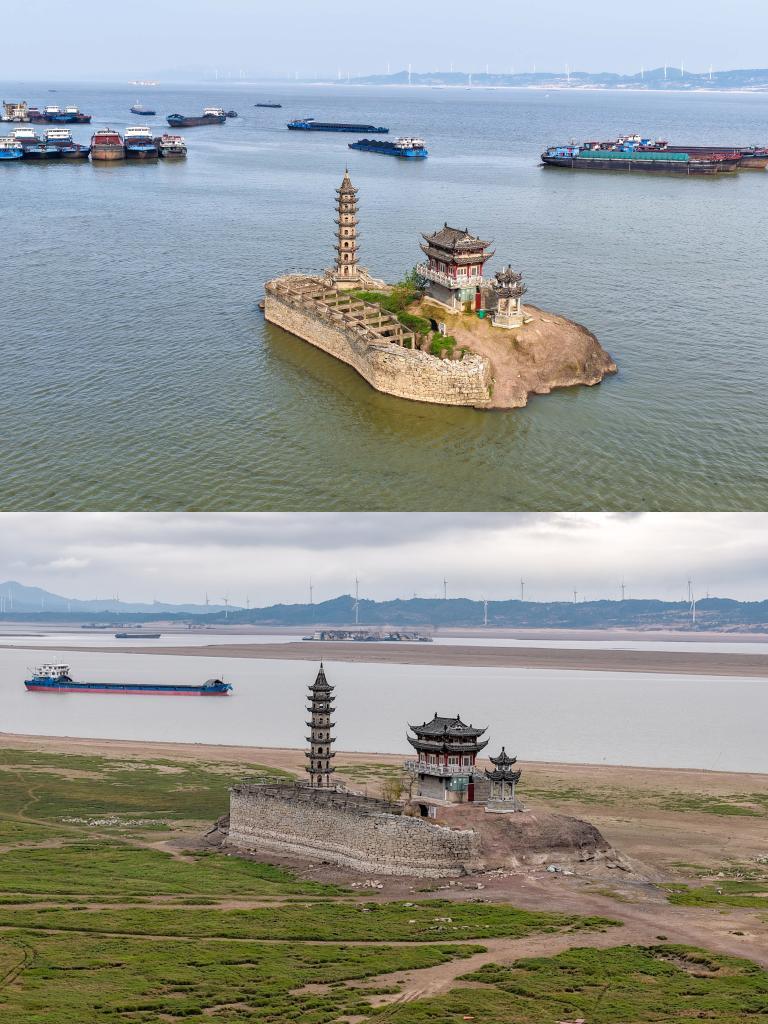 拼版照片：上图为2026年4月17日拍摄的江西省庐山市的鄱阳湖落星墩水域；下图为2025年12月13日拍摄的江西省庐山市的鄱阳湖落星墩水域（无人机照片）。新华社发（韩俊烜 摄）