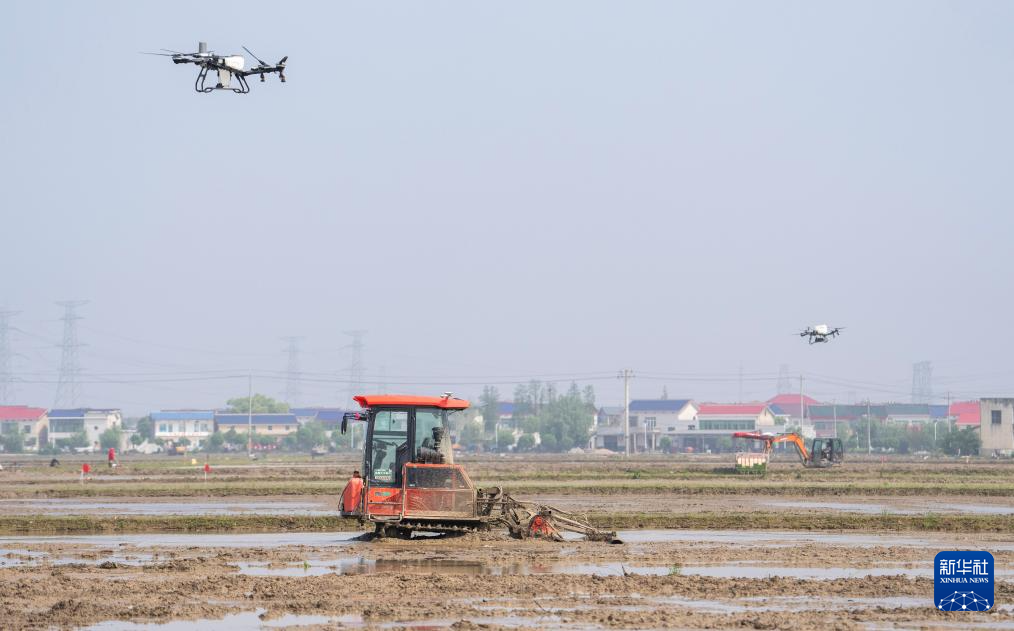 4月17日，在高塘岭街道湘江村智慧农场，无人驾驶旋耕机与农用无人机配合，进行翻耕和施肥。新华社记者 陈思汗 摄