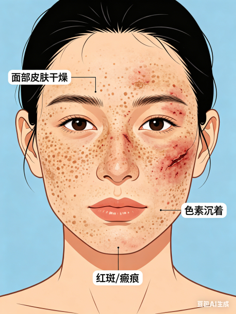 着色性干皮病示意图。本图为AI生成，非患者真实肖像