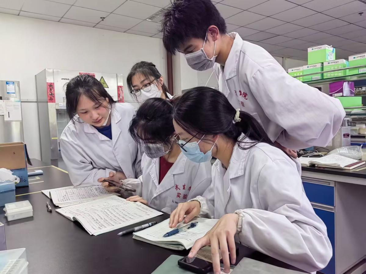 钟连发（左）在实验室与大家进行实验讨论