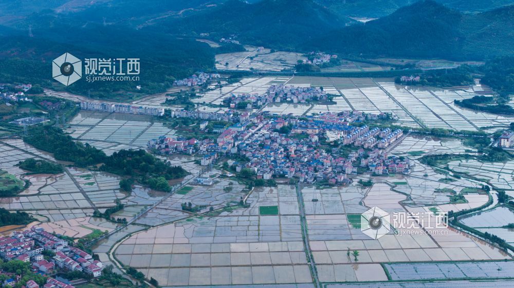 2026年4月14日，江西省吉安市吉水县醪桥镇沿江路雨停过后，远处的山脉积云成型，田野中的水面像一排排镜子，井然有序，被田野包围的小镇生动形象地展现出江西新农村的一张名片。