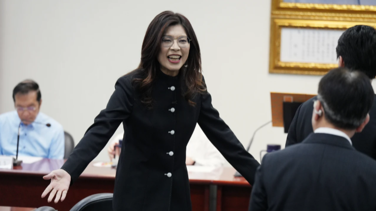 郑丽文报告访陆成果，着中山装，满面春风