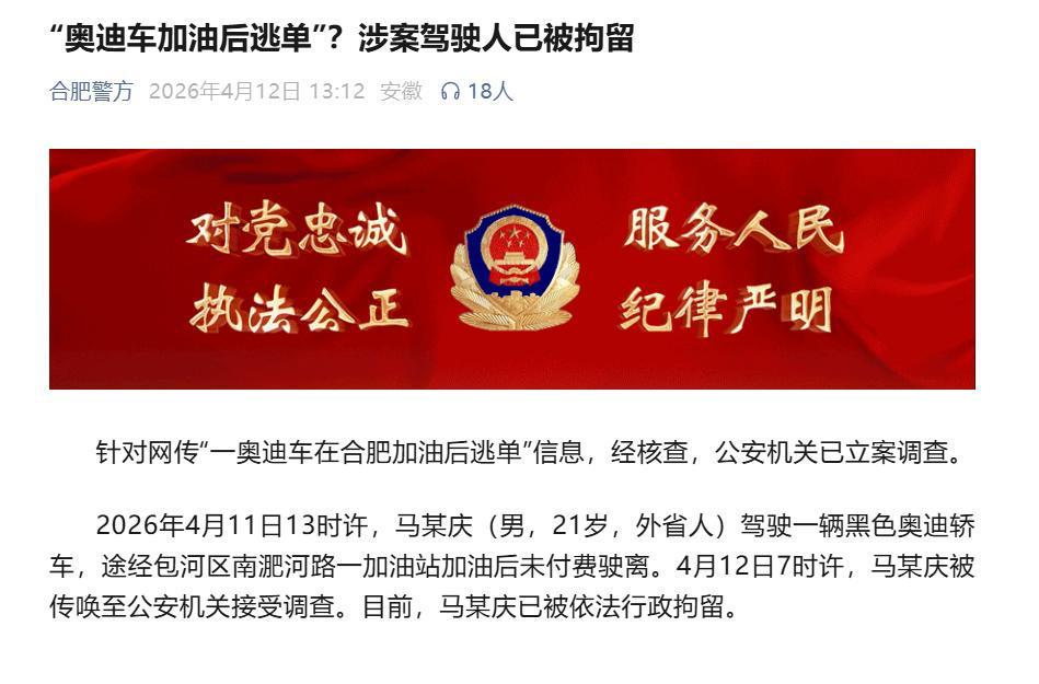 21岁男子开奥迪加油632元逃单被拘留