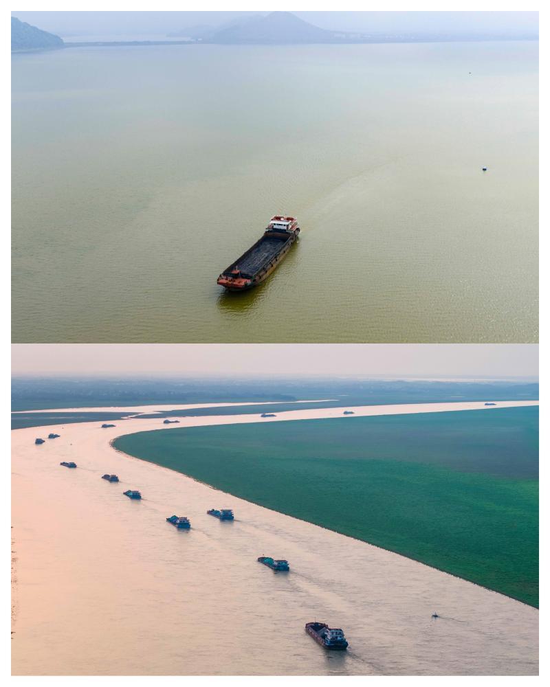 拼版照片：上图为2026年4月17日拍摄的江西省都昌县鄱阳湖印山附近水域；下图为2025年4月25日拍摄的江西省都昌县鄱阳湖印山附近水域（无人机照片）。新华社发（傅建斌 摄）