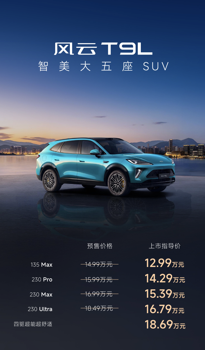 奇瑞风云品牌战略级车型风云 T9L正式上市，抢先置换价低至12.59 万元起