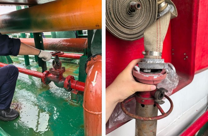 消防总管隔离阀卡死无法动作、手提式泡沫枪枪头无法使用（珠海海事局 杜荣耀供图）