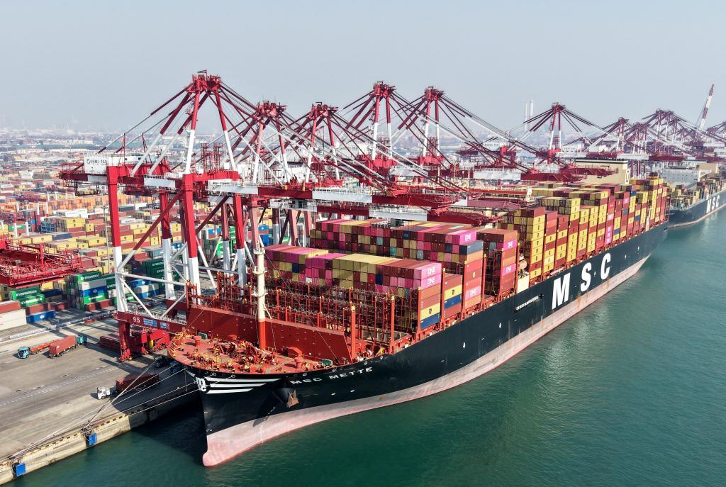 2月18日，青岛港前湾集装箱码头，399米长的“地中海梅特”轮在装卸集装箱。新华社记者李紫恒 摄