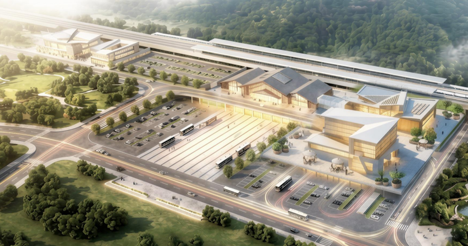 ▲济枣高铁&middot;南山站（鸟瞰效果图）