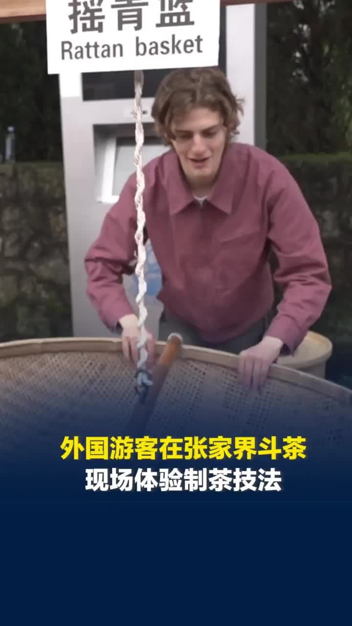 外国游客在张家界参加斗茶大会，现场体验摇青等制茶技法