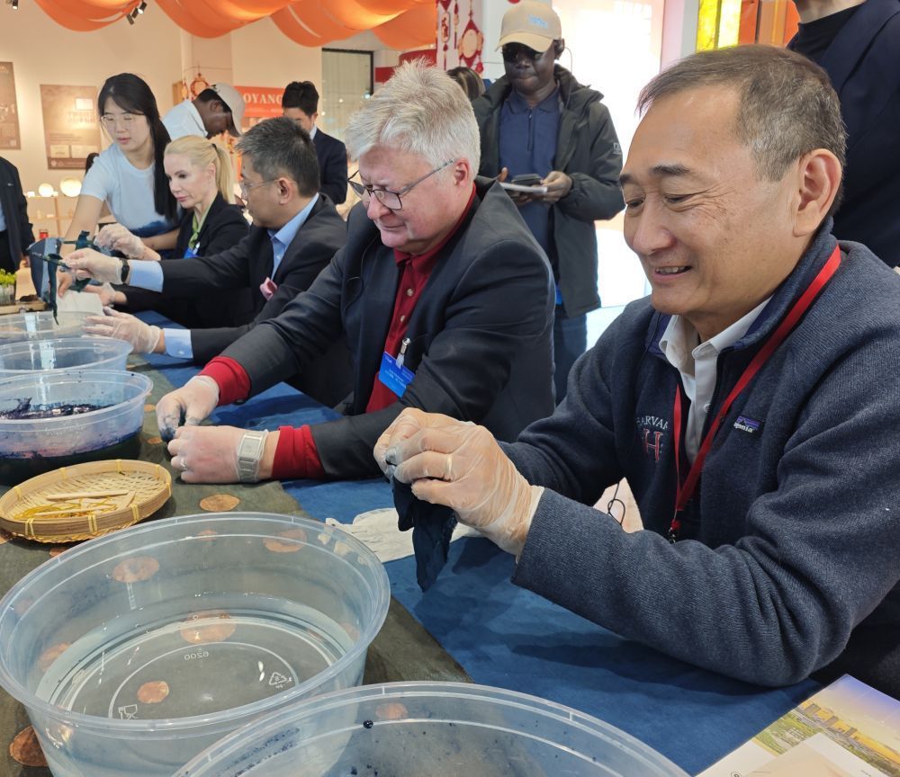 4月15日，驻华使节在河北省保定市高阳县巾巾乐道产业育城中心体验草木染技艺。新华社记者 董笑坤 摄