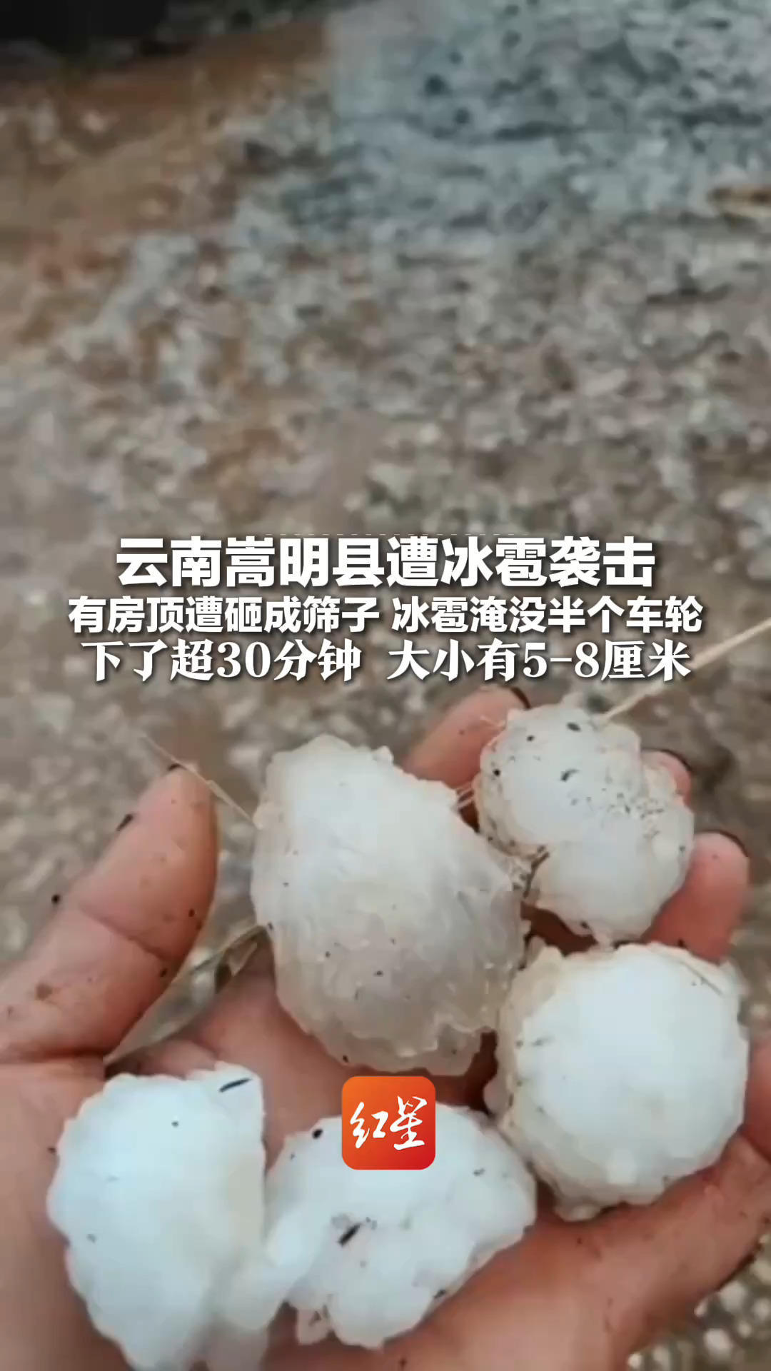云南嵩明县遭冰雹袭击 有房顶遭砸成筛子 冰雹淹没半个车轮 下了超30分钟 大小有5-8厘米 当地：灾情正在调查统计