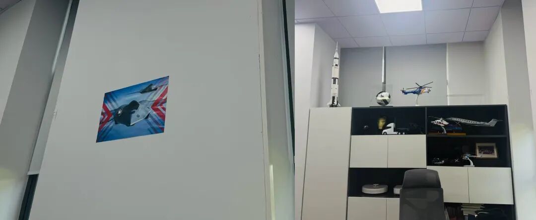 俞浩十几平米的办公室，墙上有一张战斗机的海报，柜子里摆满了飞机模型。