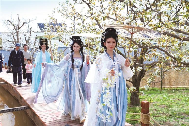 梨园里身着汉服打卡拍照的游客