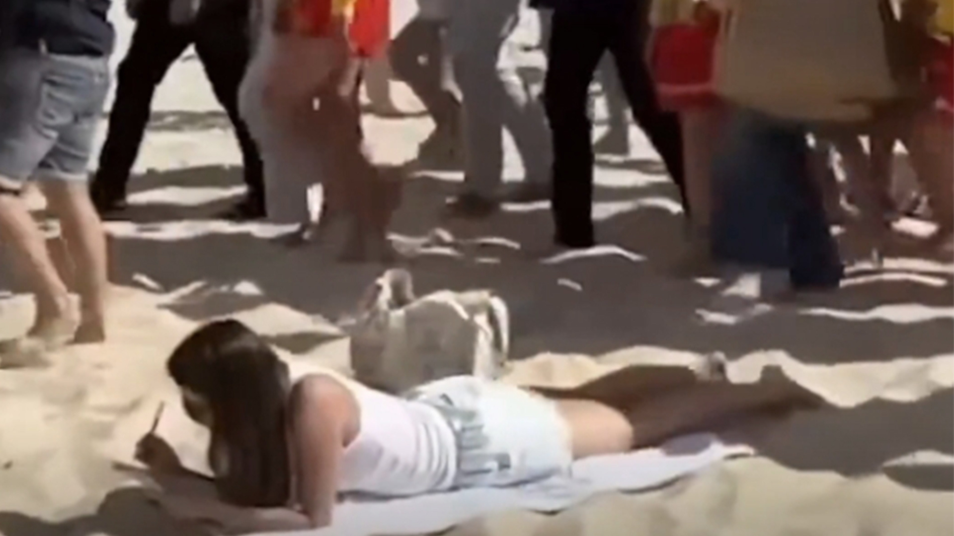 英国哈里王子夫妇访问澳大利亚，一女子无视蜂拥的人群继续晒太阳