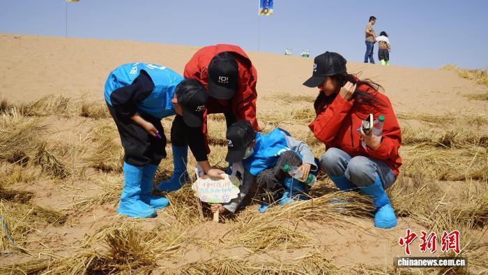 图为民众一家种下梭梭树后共同立下心愿标识牌　陈媛　摄