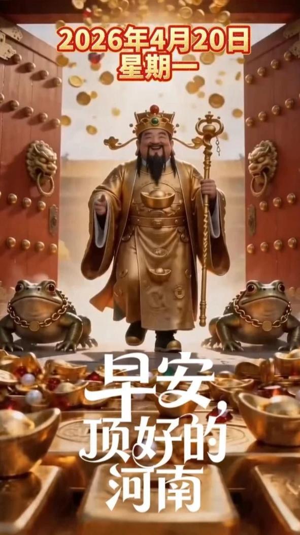 4月20日，开门见喜！今天是财神爷看你的日子！别管啥坎儿，今天全是平地；别管啥难事，今天全是顺气。钱包鼓鼓，心情美美。早安！祝你：顺风顺水顺财神！#早安顶好的河南