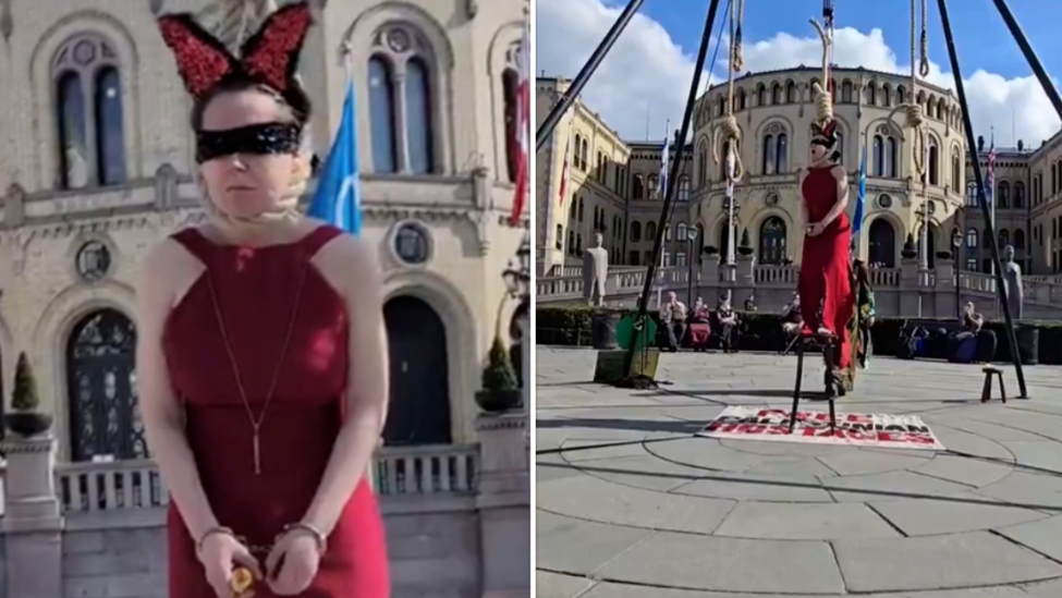 挪威女子将自己吊起抗议以色列