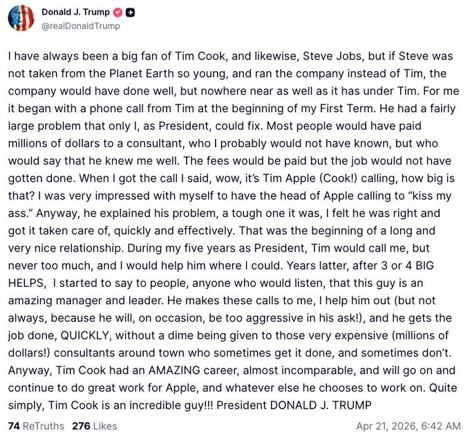 特朗普谈库克卸任苹果CEO：我刚上任，他亲自打电话来拍马屁，让我倍有面子