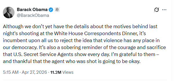白宫记者协会晚宴发生枪击案，奥巴马发声