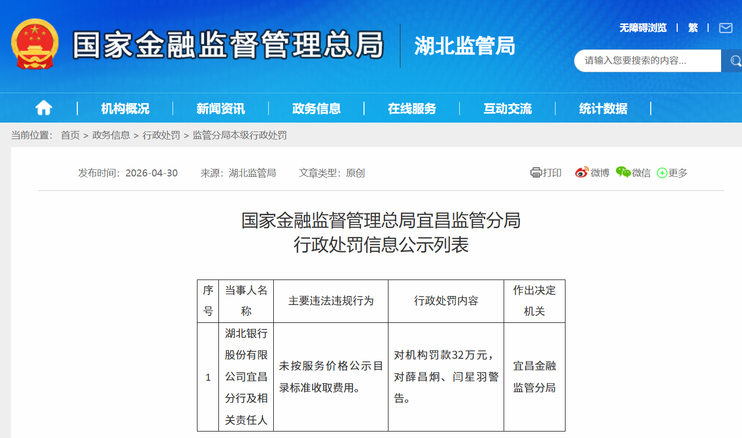 未按服务价格公示目录标准收取费用 湖北银行宜昌分行被罚32万元