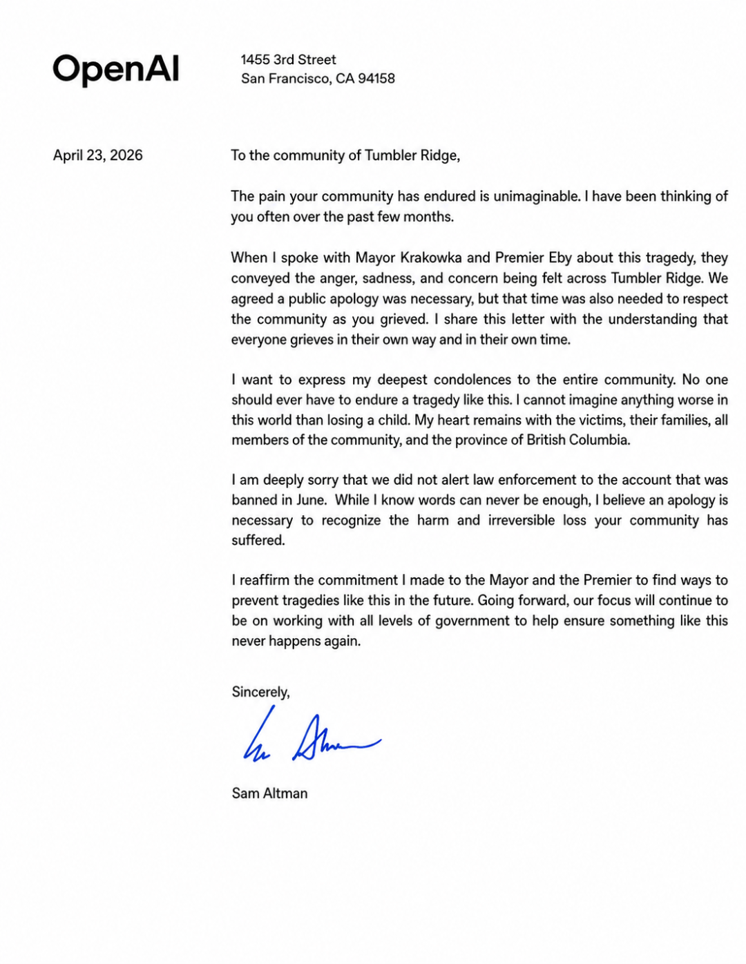 https://tumblerridgelines.com/2026/04/24/openai-apologizes-to-tumbler-ridge/